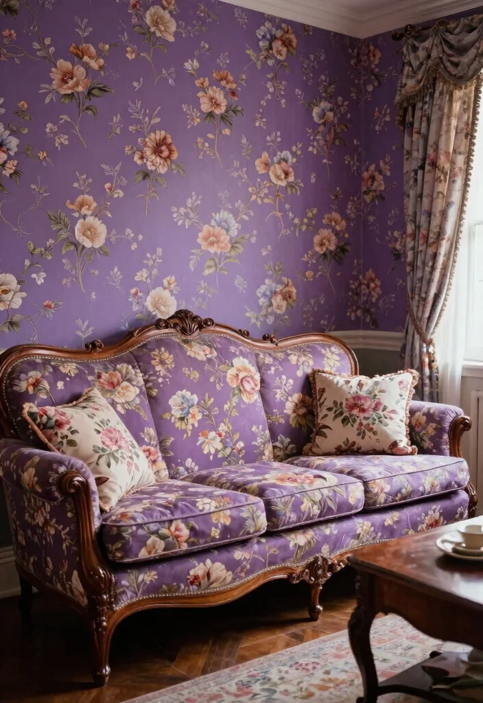 18 Living Room Purple Ideas: Bold Elegant Color Palettes - 18. Vintage Purple Floral Theme 1