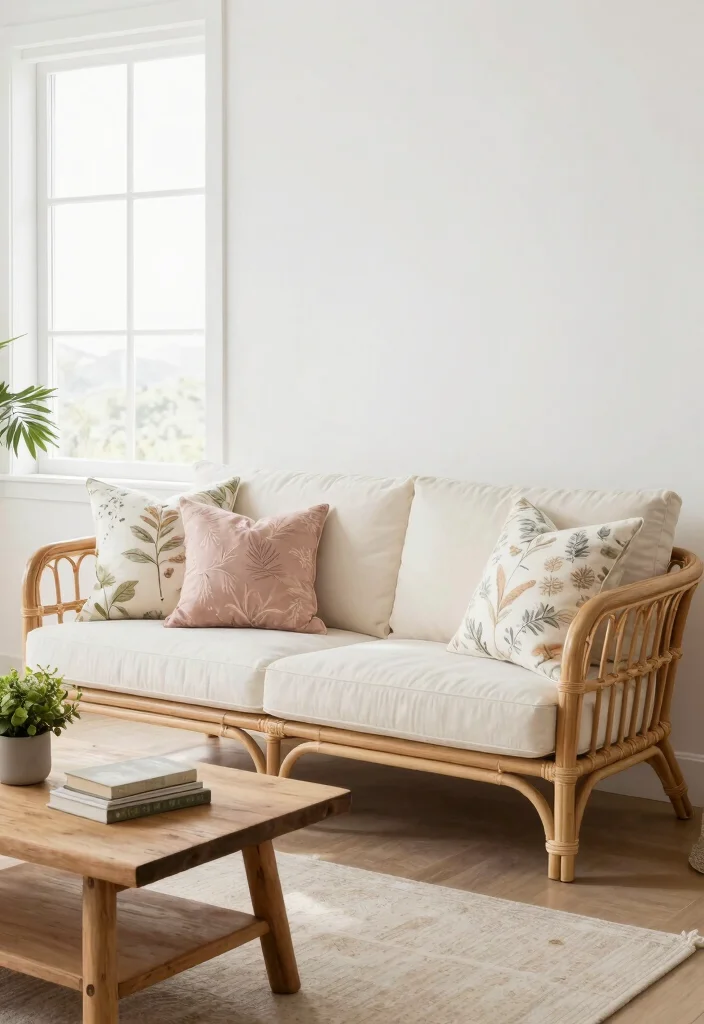 18 Rattan Living Room Decorating Ideas Natural Breezy Style - 1. Rattan Sofa with Complementary Textiles 1