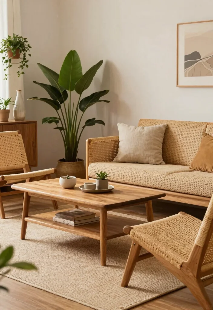 18 Rattan Living Room Decorating Ideas Natural Breezy Style - 11. Rattan and Wood Combination 1