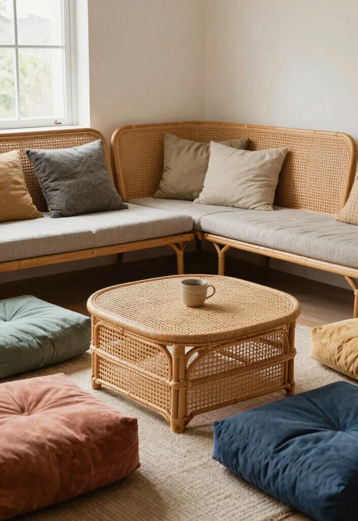 18 Rattan Living Room Decorating Ideas Natural Breezy Style - 14. Rattan Backrests for a Casual Vibe 1