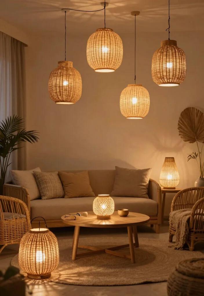 18 Rattan Living Room Decorating Ideas Natural Breezy Style - 15. Rattan and Lanterns 1