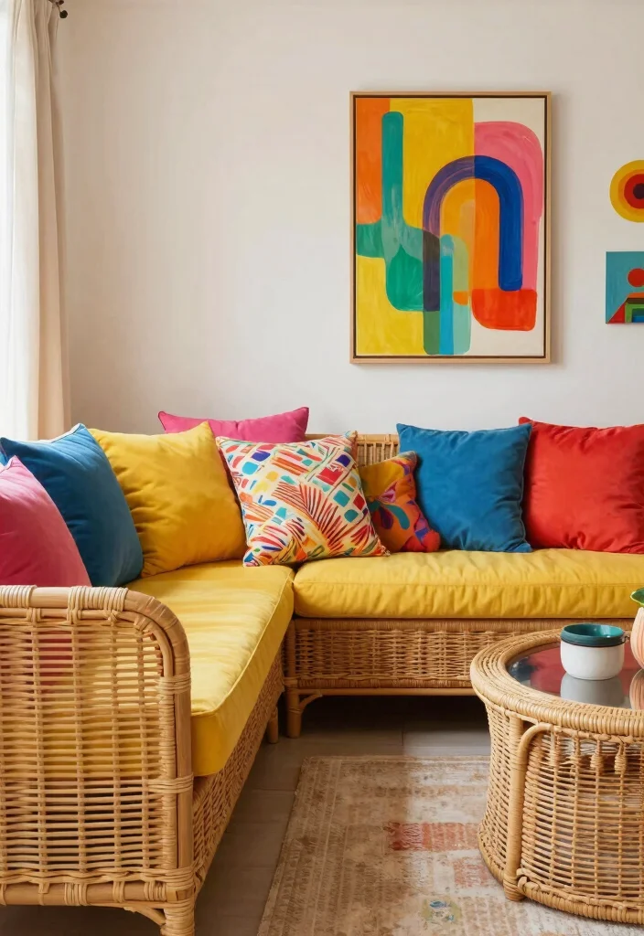 18 Rattan Living Room Decorating Ideas Natural Breezy Style - 18. Bold Color Accents with Rattan 1