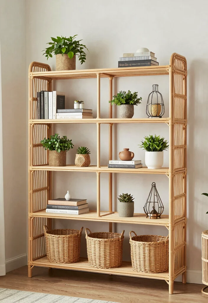 18 Rattan Living Room Decorating Ideas Natural Breezy Style - 6. Rattan Shelving Units 1