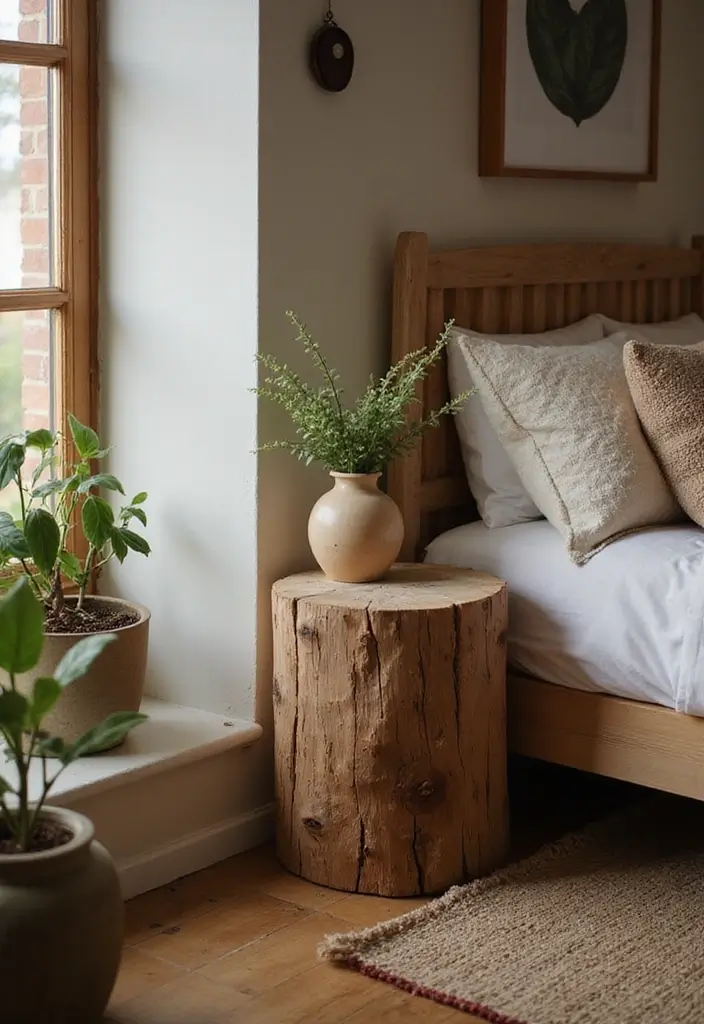 25 Bedroom Side Table Ideas That Look Cute & Functional - 1. Eco-Friendly Wooden Stump