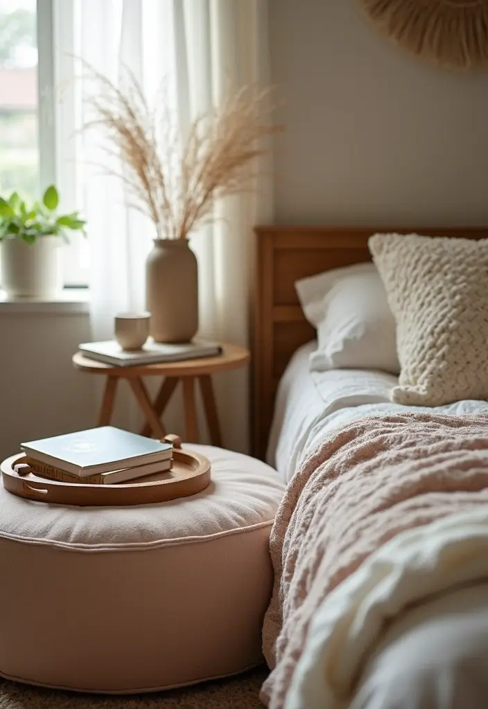 25 Bedroom Side Table Ideas That Look Cute & Functional - 15. Soft Ottoman