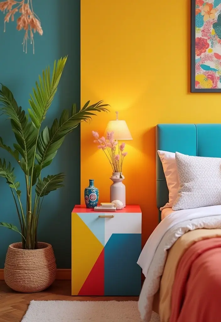 25 Bedroom Side Table Ideas That Look Cute & Functional - 18. Colorful Geometric Table