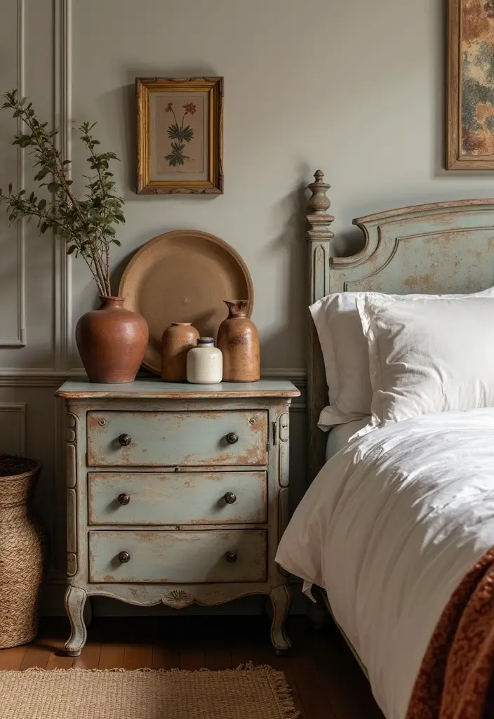 25 Bedroom Side Table Ideas That Look Cute & Functional - 19. Antique Nightstand