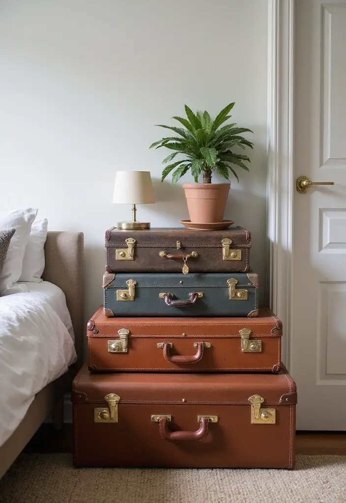 25 Bedroom Side Table Ideas That Look Cute & Functional - 2. Vintage Suitcase Stack
