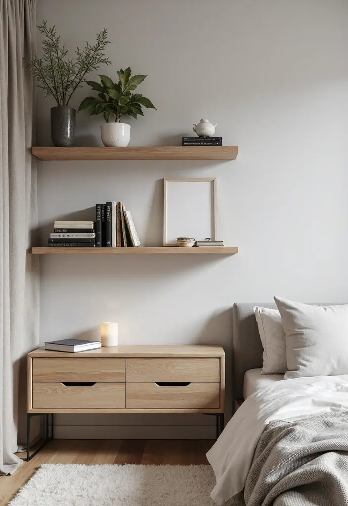 25 Bedroom Side Table Ideas That Look Cute & Functional - 3. Floating Shelves