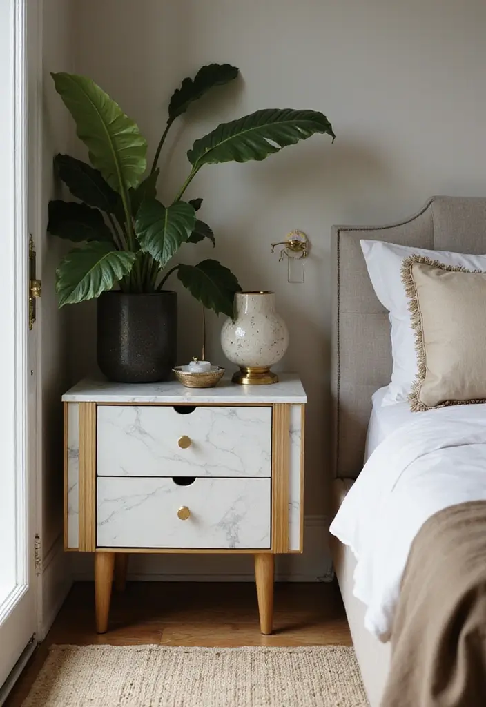 25 Bedroom Side Table Ideas That Look Cute & Functional - 7. Marble Top Side Table