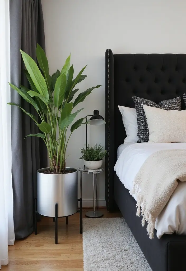 25 Black and Silver Bedroom Ideas That Feel Glamorous & Modern - 21. Modern Plant Decor