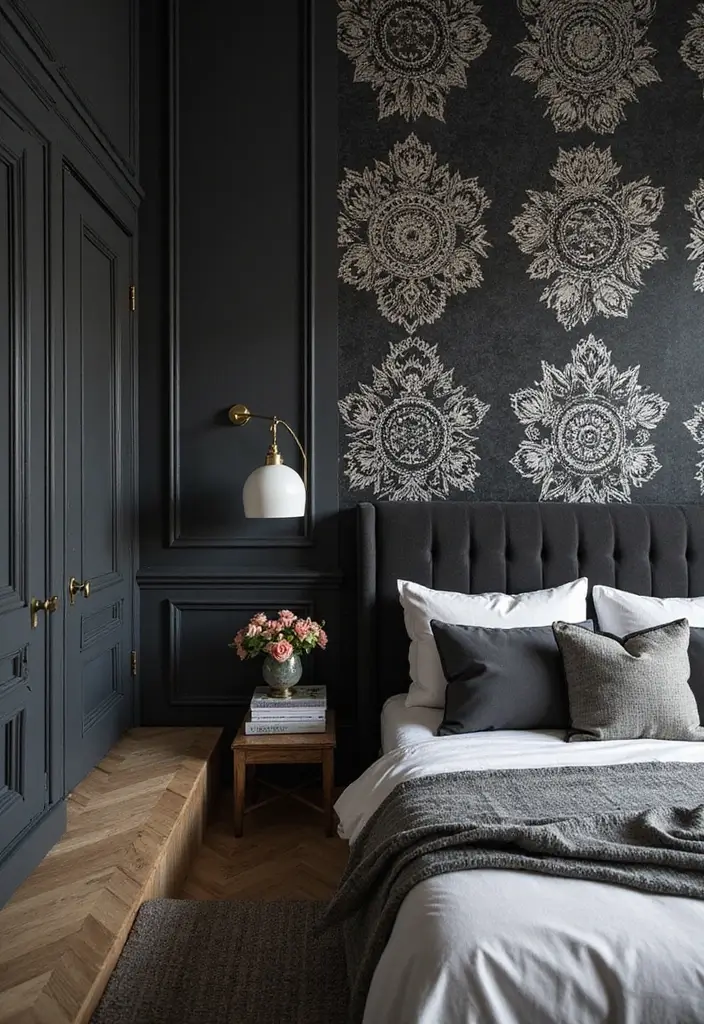 25 Black and Silver Bedroom Ideas That Feel Glamorous & Modern - 24. Custom Wallpaper