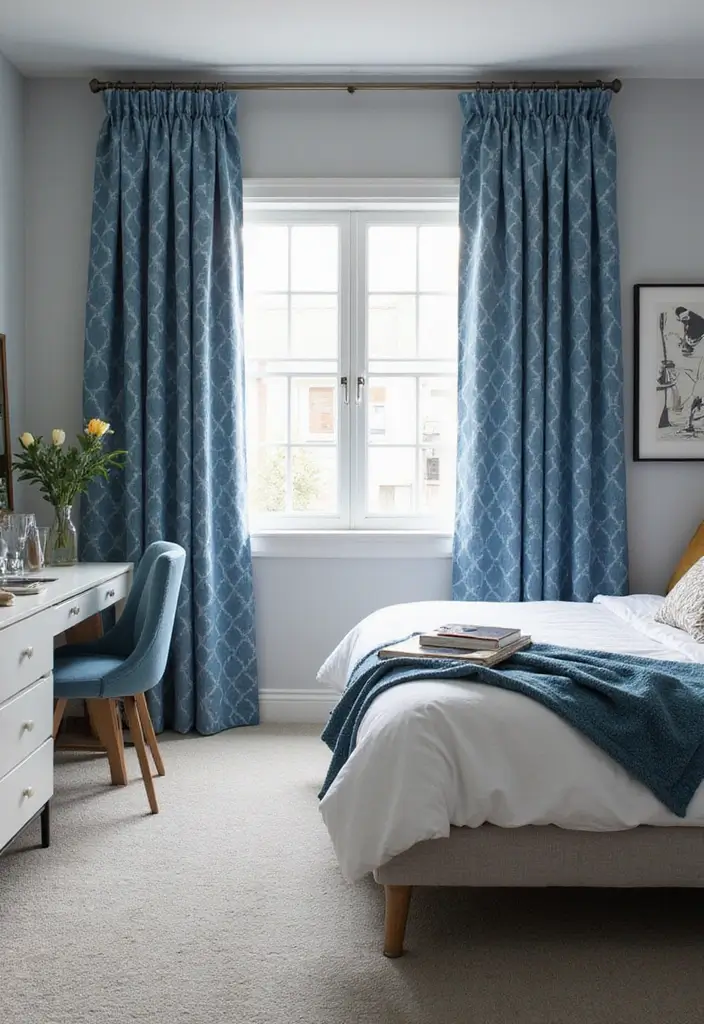 25 Blue Curtains Bedroom Ideas That Pull the Room Together - 11. Geometric Patterns