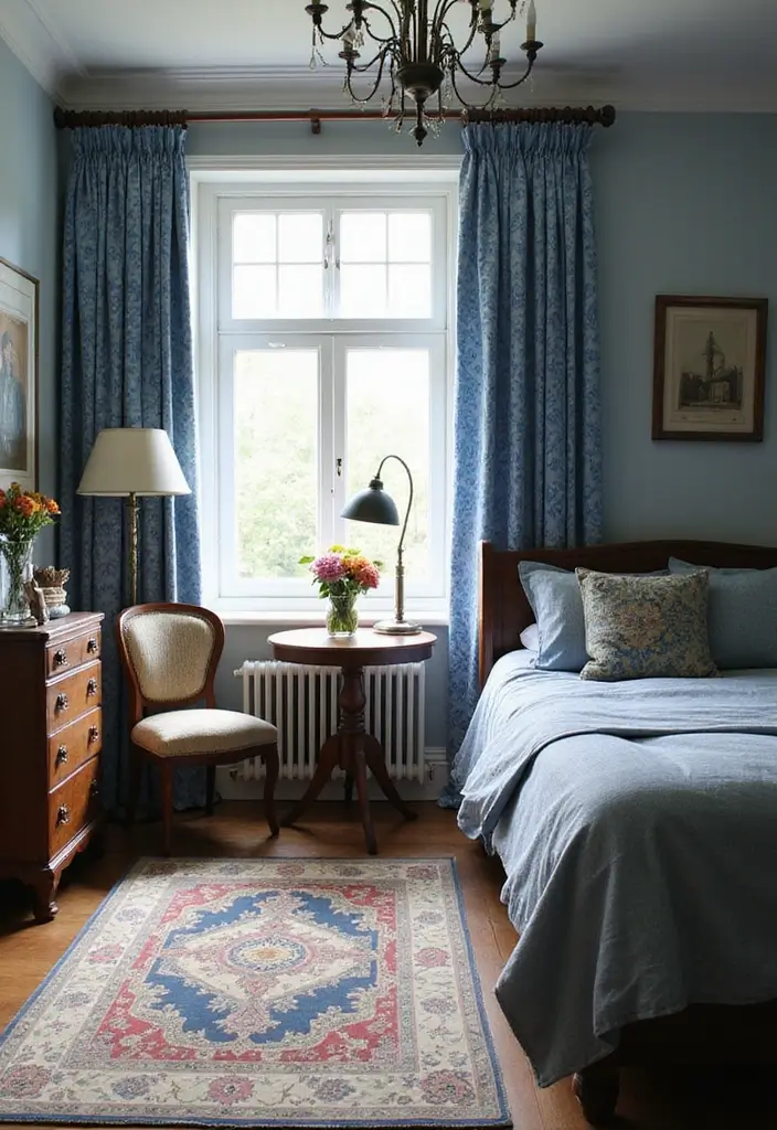 25 Blue Curtains Bedroom Ideas That Pull the Room Together - 14. Vintage Blue Prints