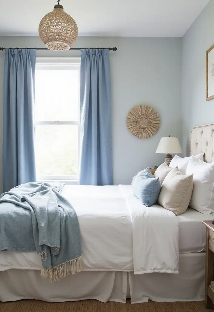 25 Blue Curtains Bedroom Ideas That Pull the Room Together - 16. Beachy Chambray