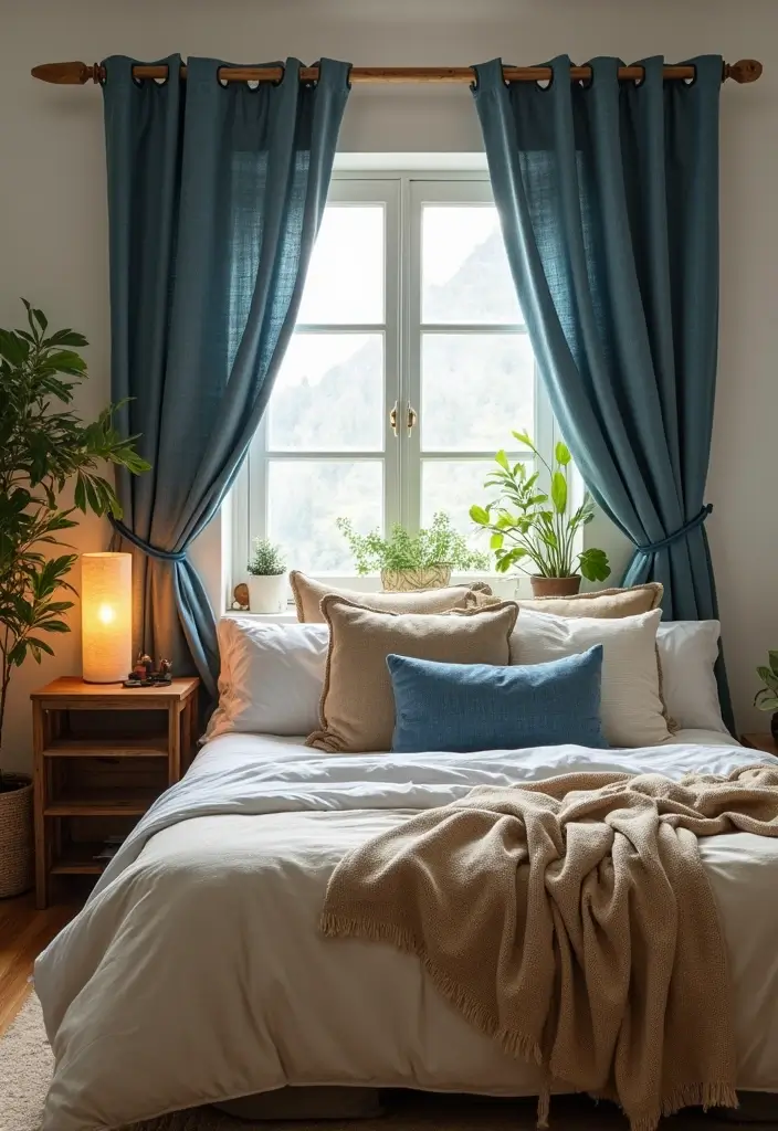 25 Blue Curtains Bedroom Ideas That Pull the Room Together - 19. Rustic Blue Burlap Curtains