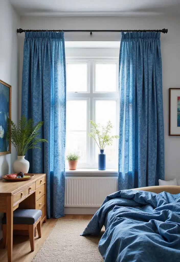 25 Blue Curtains Bedroom Ideas That Pull the Room Together - 21. Artistic Blue Prints