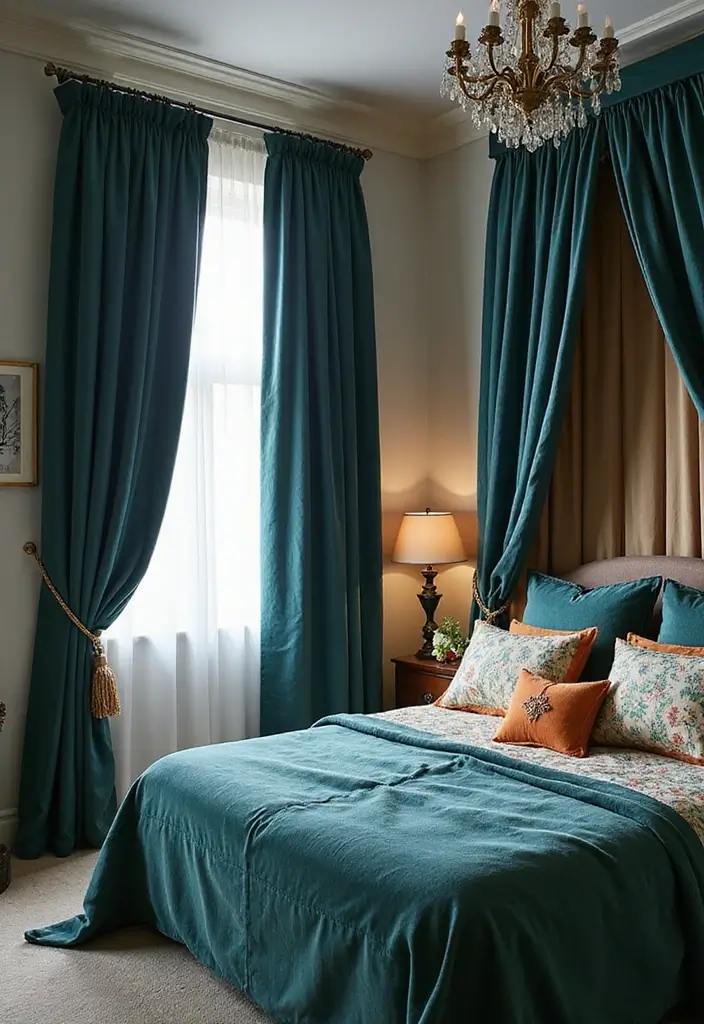 25 Blue Curtains Bedroom Ideas That Pull the Room Together - 8. Dark Teal Drama