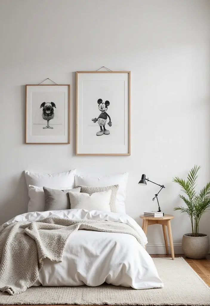 25 Disney Bedroom Ideas for Adults Who Never Stopped Dreaming - 21. Minimalist Disney Art Gallery