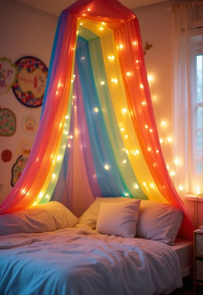 25 Rainbow Bedroom Ideas for Kids That Bring Joy to Every Corner - 4. Rainbow Canopy