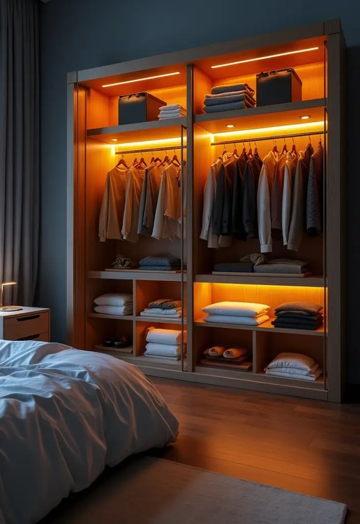 25 Small Bedroom Ideas with Wardrobe That Look Organized & Sleek - 12. Mood Lighting Inside Wardrobes