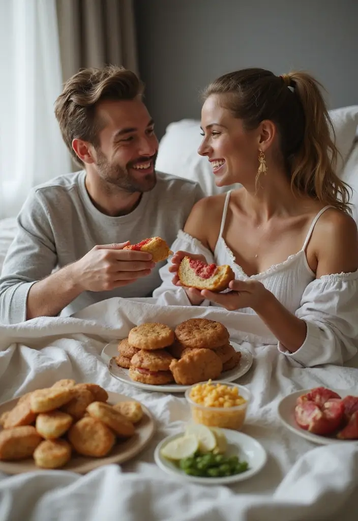 25 Spicy Couples Photoshoot Ideas in Bedroom That Turn Up the Heat - 10. Spoiled with Snacks