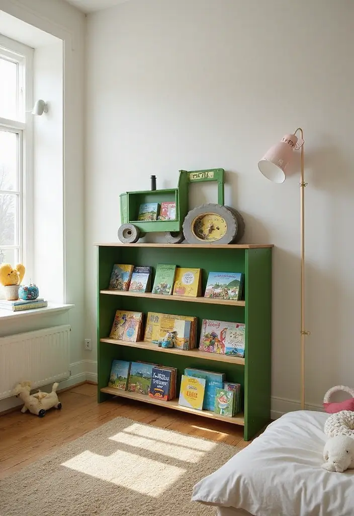 25 Tractor Bedroom Ideas for Little Boys Who Love Wheels - 22. Tractor-Themed Bookshelf 1