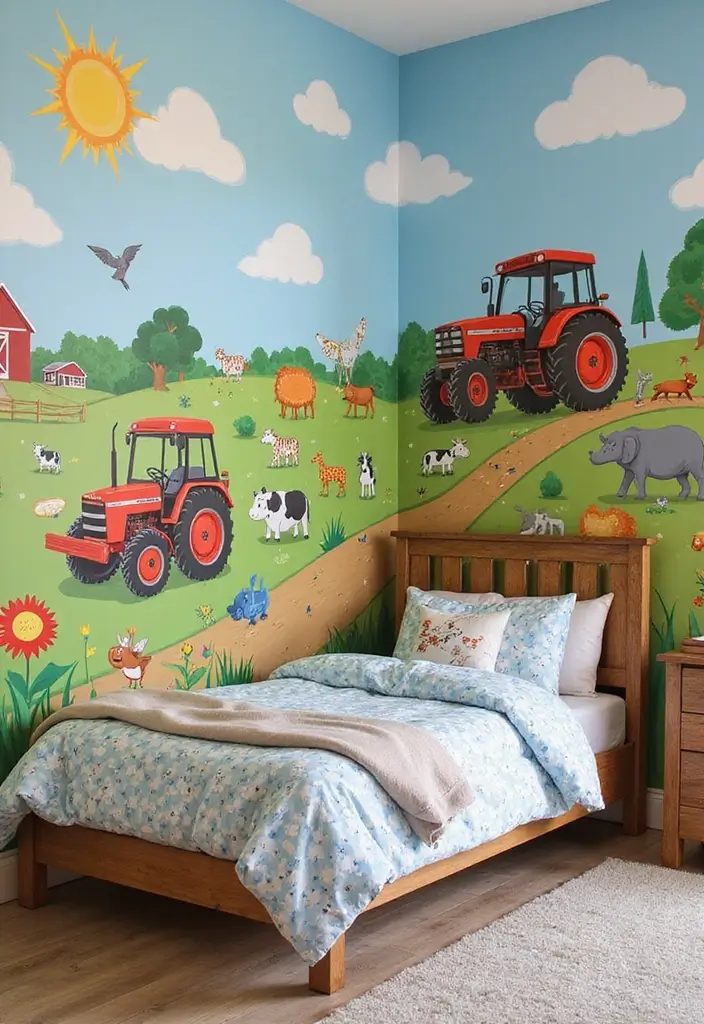 25 Tractor Bedroom Ideas for Little Boys Who Love Wheels - 25. Farm Scene Mural 1