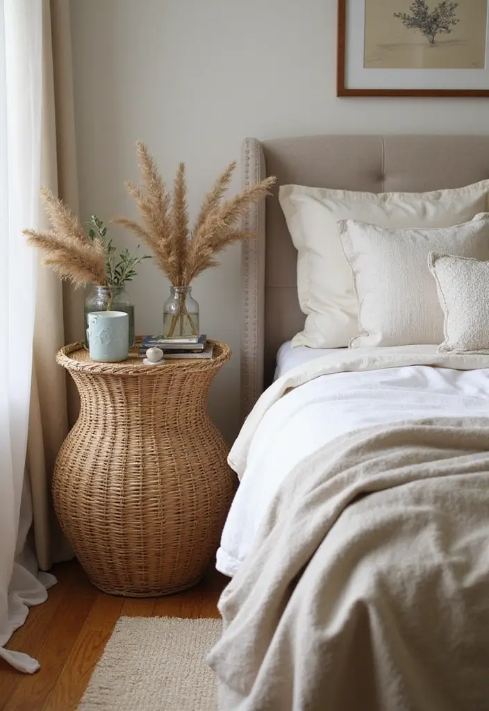 26 Small Bedroom Side Table Ideas That Feel Smart & Stylish - 20. Stylish Basket Nightstands