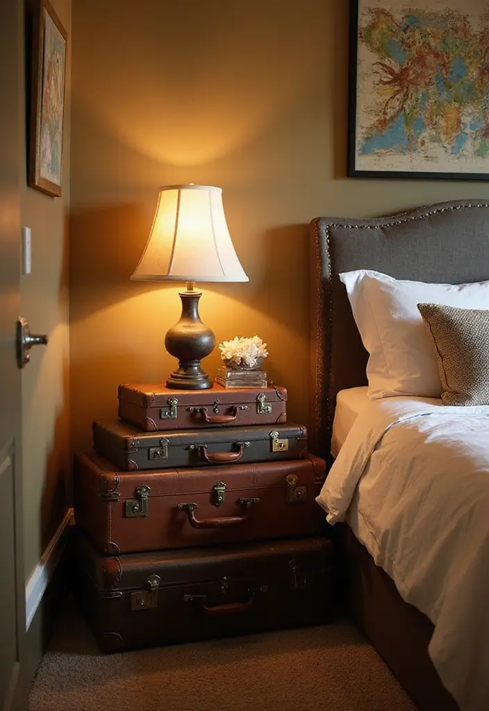 26 Small Bedroom Side Table Ideas That Feel Smart & Stylish - 3. Vintage Suitcase Stacks