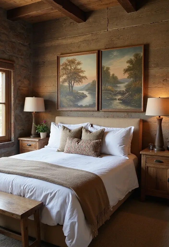 28 Rustic Brown Bedroom Ideas That Bring Natural Warmth - 10. Rustic Artwork