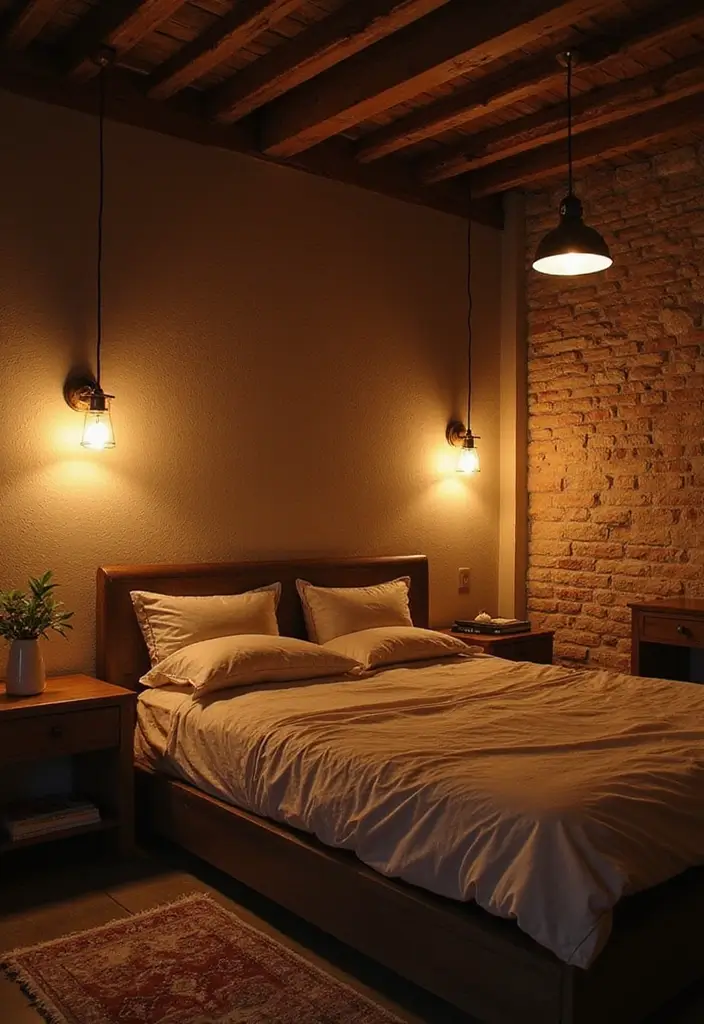 28 Rustic Brown Bedroom Ideas That Bring Natural Warmth - 6. Soft Lighting Solutions
