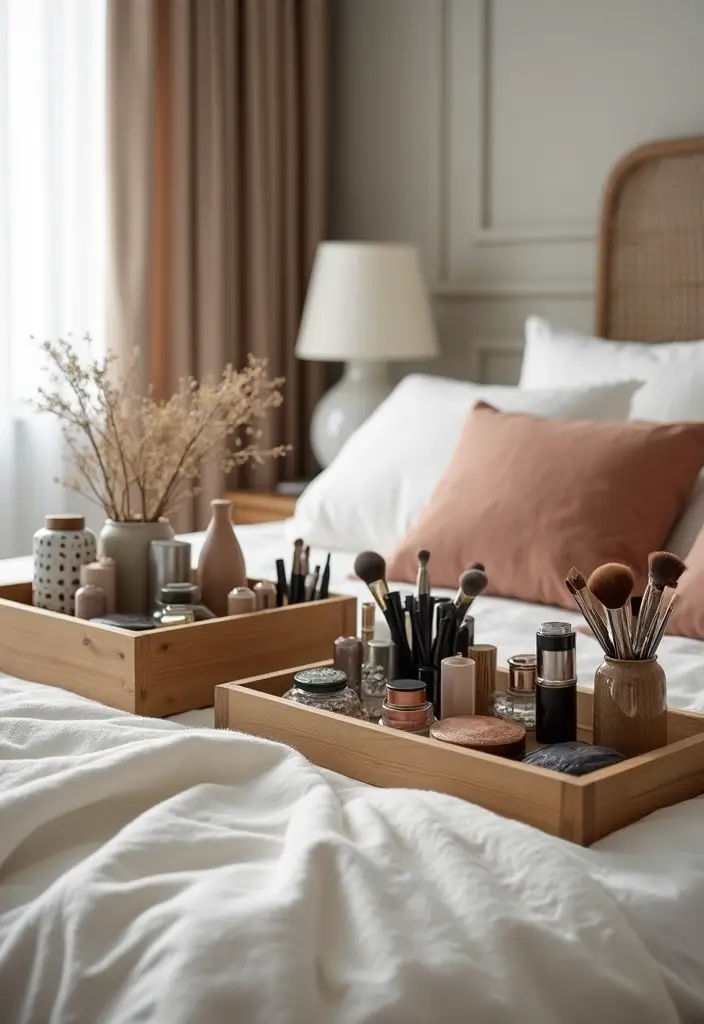 28 Vanity Ideas Bedroom Modern Luxury That Feel High-End & Sleek - 19. Decorative Trays and Organizers