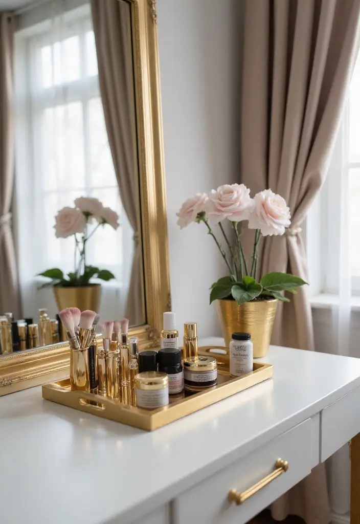 28 Vanity Ideas Bedroom Modern Luxury That Feel High-End & Sleek - 2. Glamorous Gold Accents