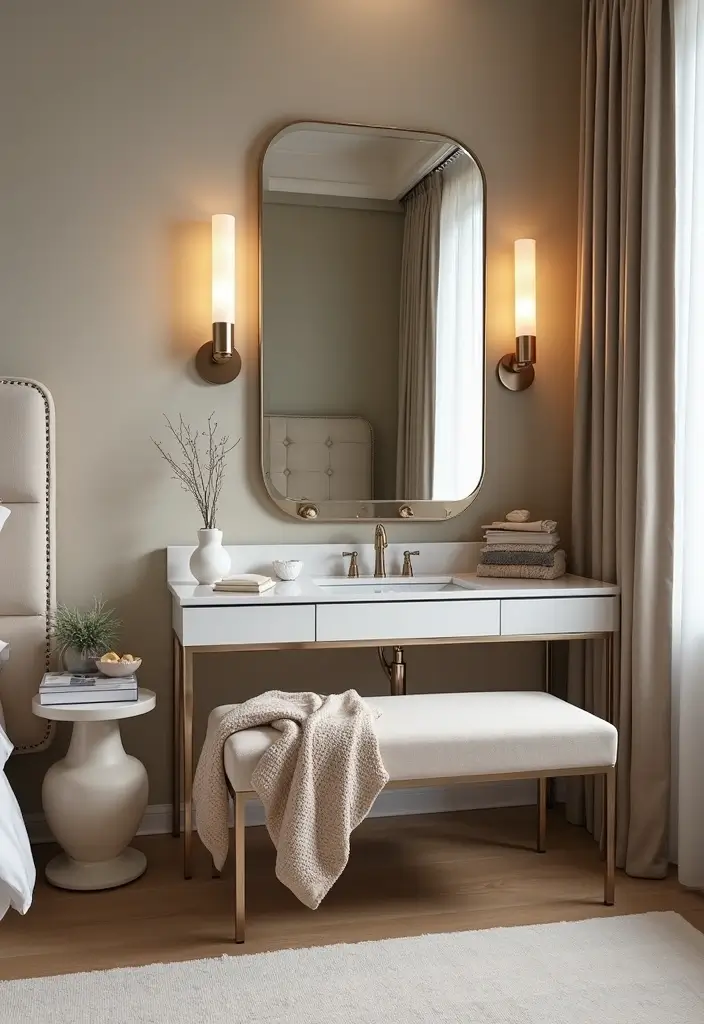 28 Vanity Ideas Bedroom Modern Luxury That Feel High-End & Sleek - 21. Stylish Bench Seating