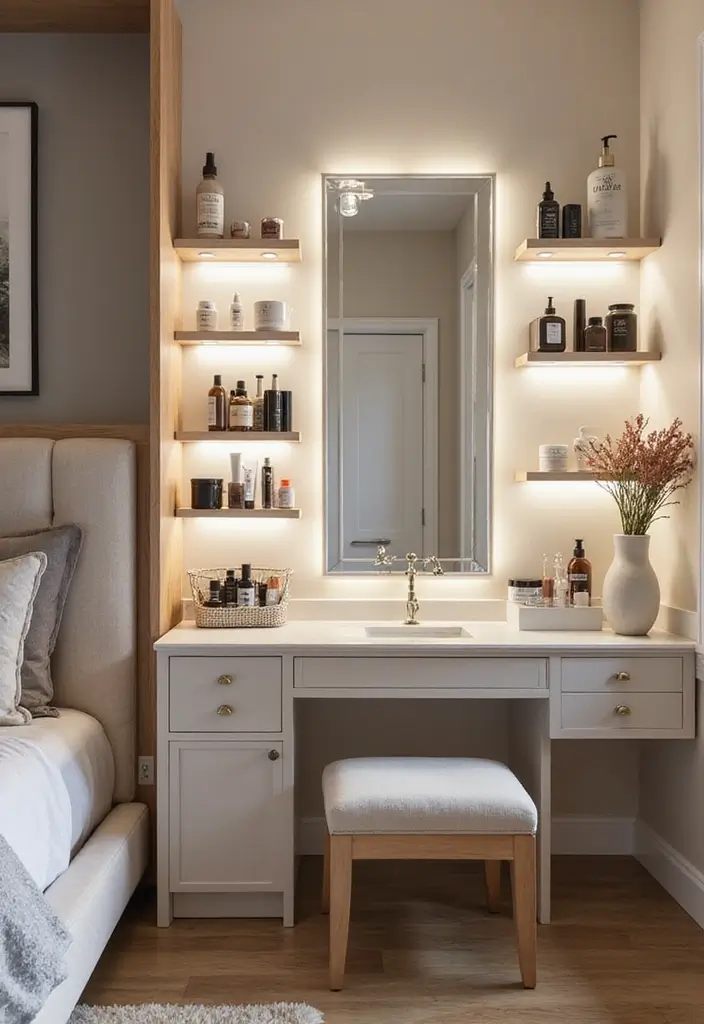 28 Vanity Ideas Bedroom Modern Luxury That Feel High-End & Sleek - 23. Elevated Display Racks