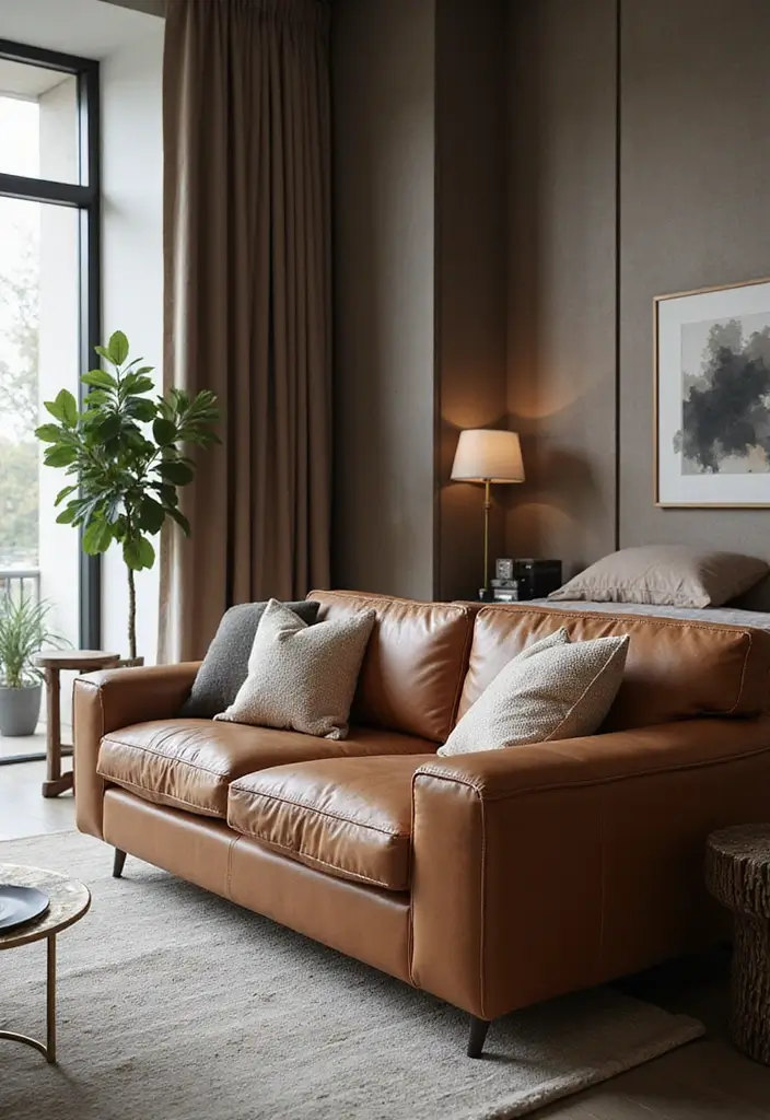 29 Bedroom Sofa Ideas for Small Spaces That Double as Decor - 15. Luxurious Leather Sofa