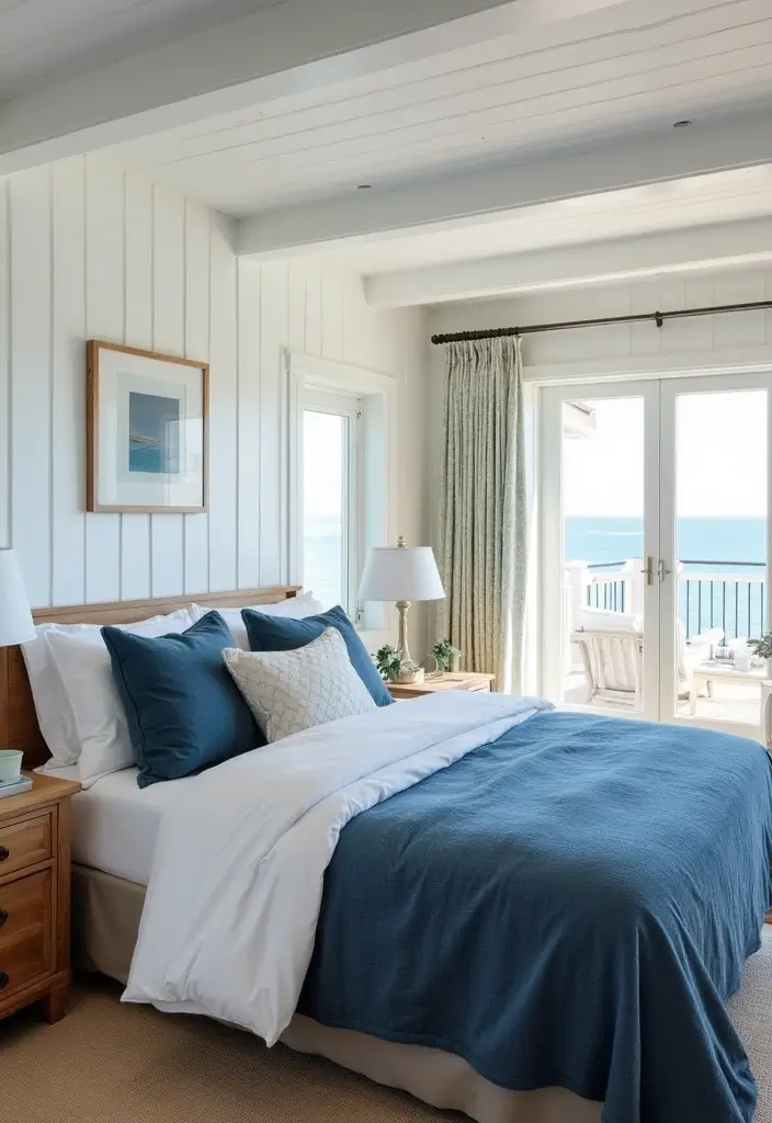 29 Modern Coastal Bedroom Ideas That Bring Beach Vibes Home - 1. Breezy White and Blue Palette
