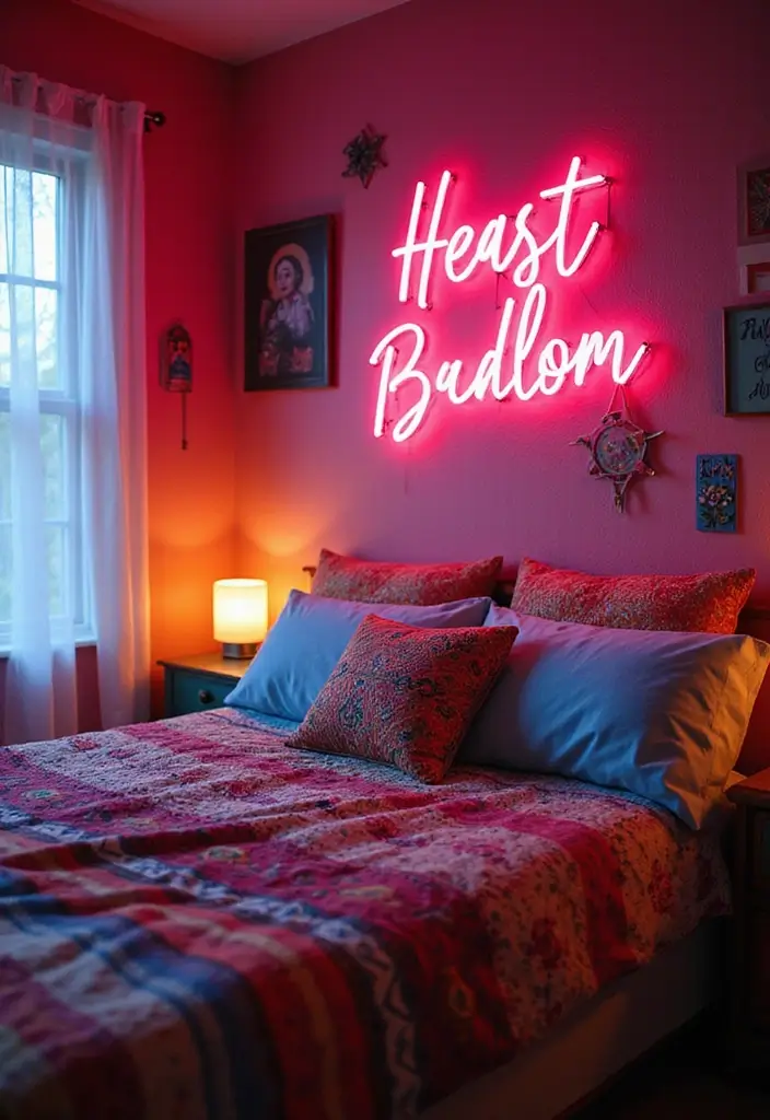 30 Bedroom Headboard Wall Ideas That Make a Bold Statement - 13. Neon Sign Accents