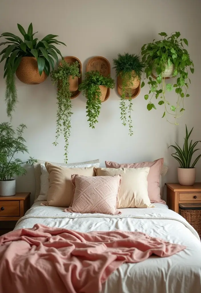 30 Bedroom Headboard Wall Ideas That Make a Bold Statement - 19. Wall-Mounted Plants