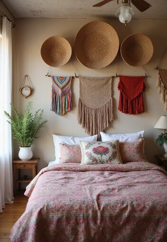 30 Bedroom Headboard Wall Ideas That Make a Bold Statement - 22. Layered Wall Hangings