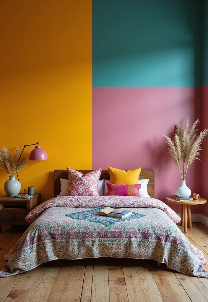 30 Bedroom Headboard Wall Ideas That Make a Bold Statement - 26. Color-Blocked Walls