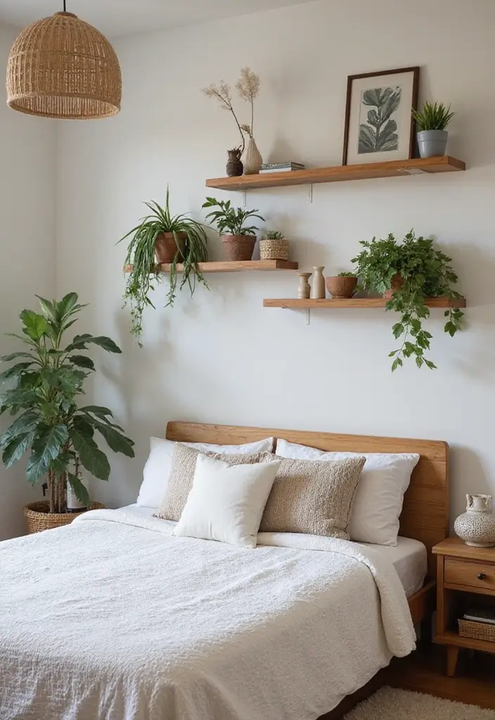 30 Bedroom Headboard Wall Ideas That Make a Bold Statement - 9. Floating Shelves with Decor