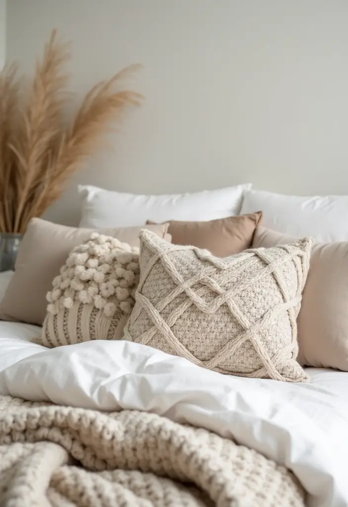 30 Beige Aesthetic Bedroom Ideas That Feel Calm & Minimalist - 28. Throw Pillows for a Cozy Touch