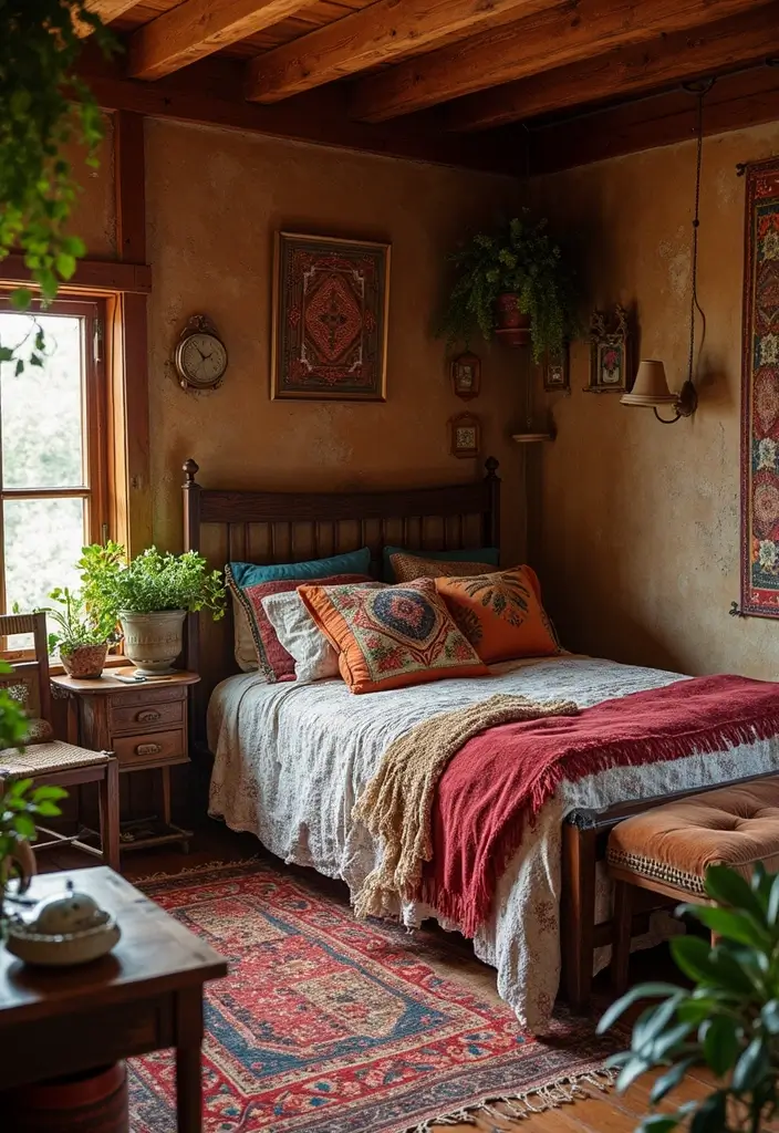 30 Brown Wall Bedroom Ideas That Bring Earthy Elegance - 15. Vintage Bohemian Charm