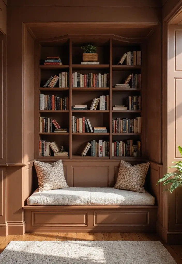 30 Brown Wall Bedroom Ideas That Bring Earthy Elegance - 23. Inspiring Book Nook