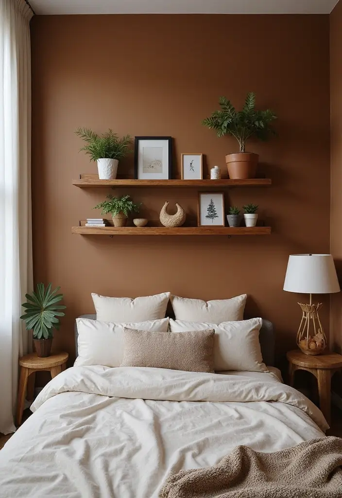 30 Brown Wall Bedroom Ideas That Bring Earthy Elegance - 28. Open Shelving Displays