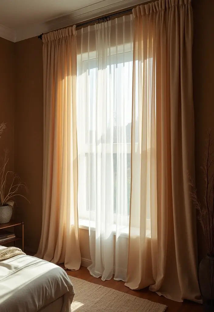 30 Brown Wall Bedroom Ideas That Bring Earthy Elegance - 29. Layered Window Treatments