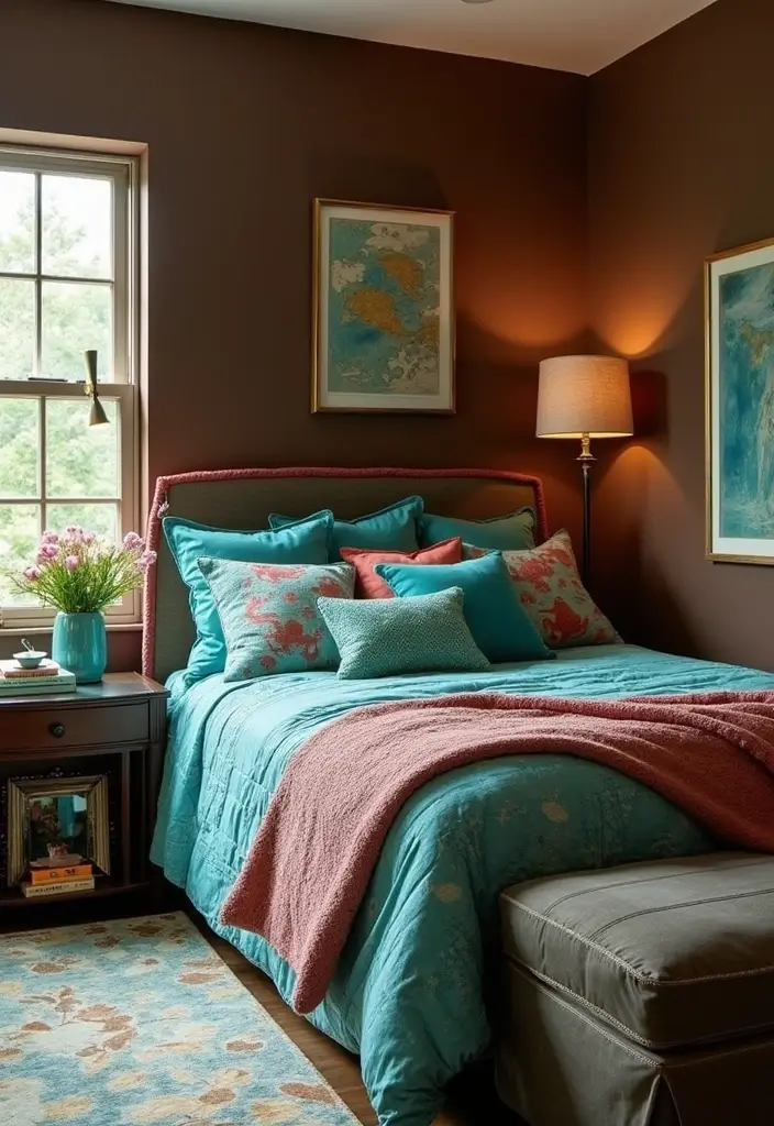 30 Brown Wall Bedroom Ideas That Bring Earthy Elegance - 4. Chocolate and Teal Bliss