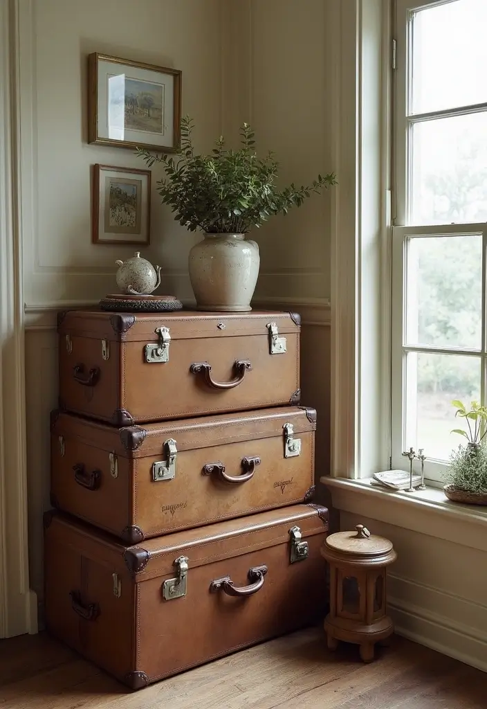 30 Corner of Bedroom Ideas That Turn Dead Space Into Magic - 15. Vintage Suitcase Storage
